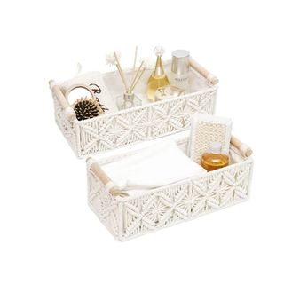 A macrame storage basket