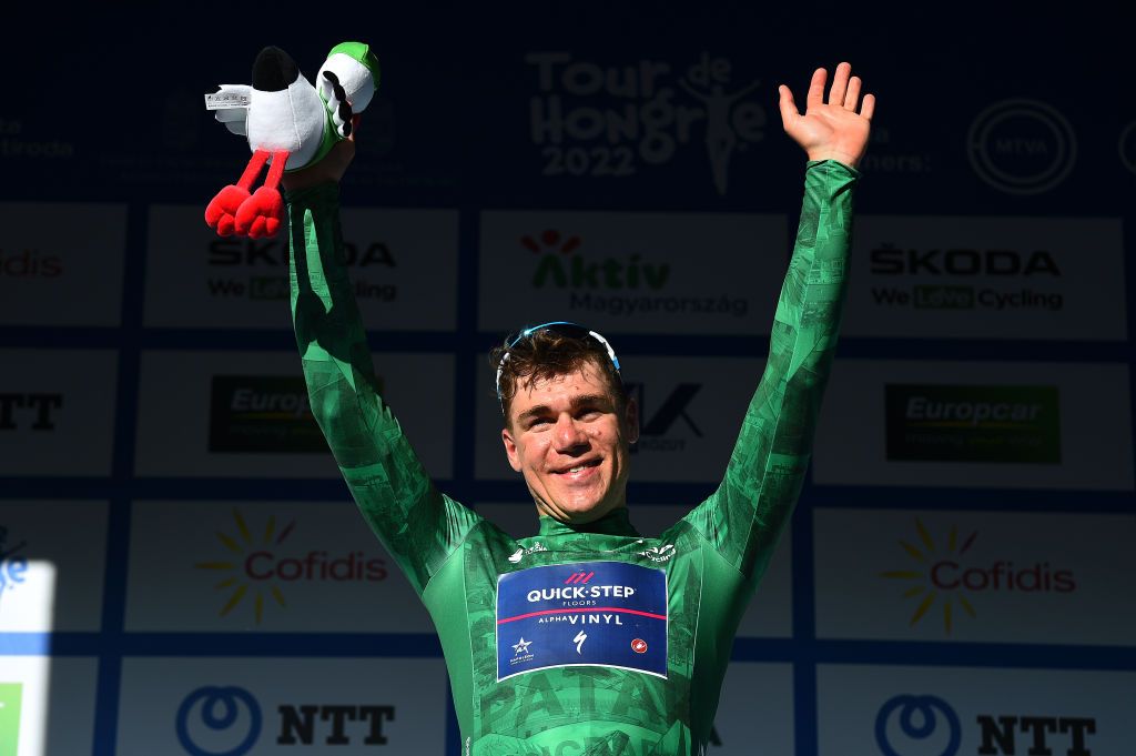 KAZINCBARCIKA HUNGARY MAY 14 Fabio Jakobsen of Netherlands and Team QuickStep Alpha Vinyl celebrates winning the green points jersey on the podium ceremony after the 43rd Tour de Hongrie 2022 Stage 4 a 177km stage from Kazincbarcika to Kazincbarcika tourdehongrie on May 14 2022 in Kazincbarcika Hungary Photo by Dario BelingheriGetty Images