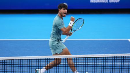 Carlos Alcaraz of Spain reacts after winning a point during the match against Alexander Zverev of Germany during Day 10 of the Cincinnati Open at the Lindner Family Tennis Center on August 16, 2025 in Mason, Ohio. 