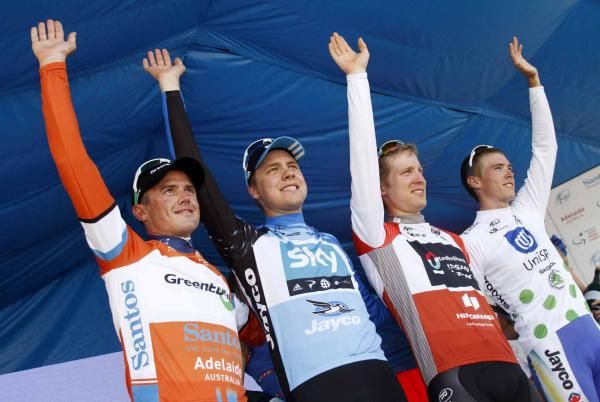 Simon Gerrans (GreenEdge), Edvald Boasson Hagen (Sky), Jan Bakelants (RadioShack-Nissan) and Rohan Dennis (Uni-SA) on the podium in Adelaide.