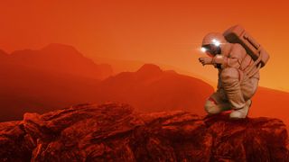 An illustration of a person in a spacesuit crouching in the rocks in a Martian landscape