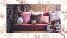 rustic red and brown living room with bench seat with blankets to show how to make a home cosy