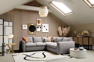 living room with timber cladding and vaulted ceiling
