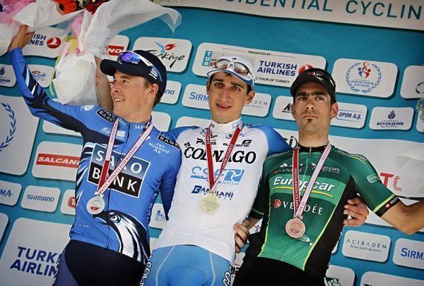 Stage 5 podium (l-r): Jonas Jorgensen (Saxo Bank), Andrea Di Corrado (Colnago-CSF Inox) and J&eacute;r&ocirc;me Cousin (Europcar)