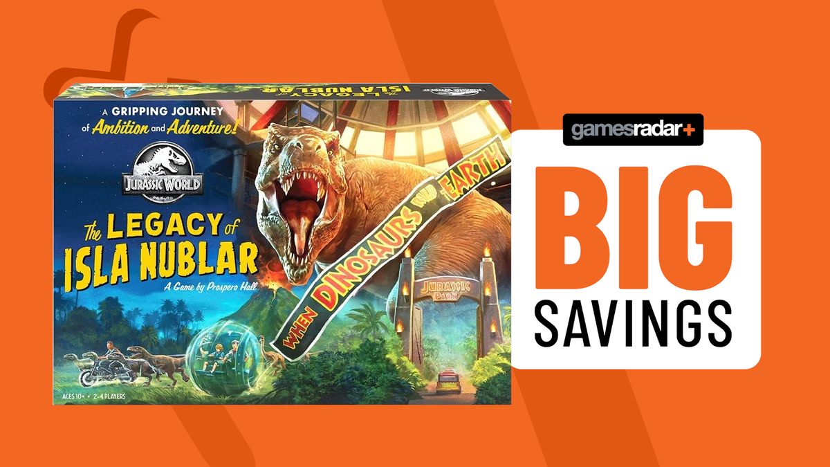 Jurassic World: The Legacy of Isla Nublar box on an orange background beside a &#039;big savings&#039; badge