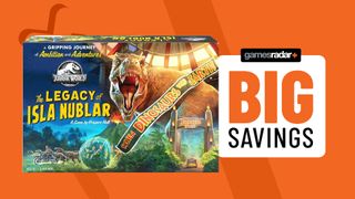 Jurassic World: The Legacy of Isla Nublar box on an orange background beside a 'big savings' badge