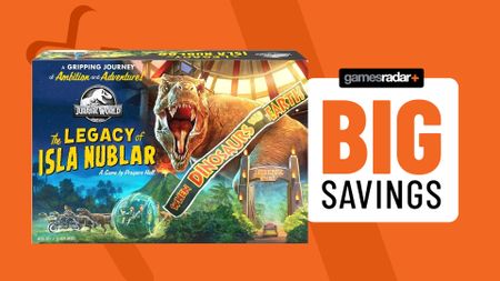 Jurassic World: The Legacy of Isla Nublar box on an orange background beside a 'big savings' badge