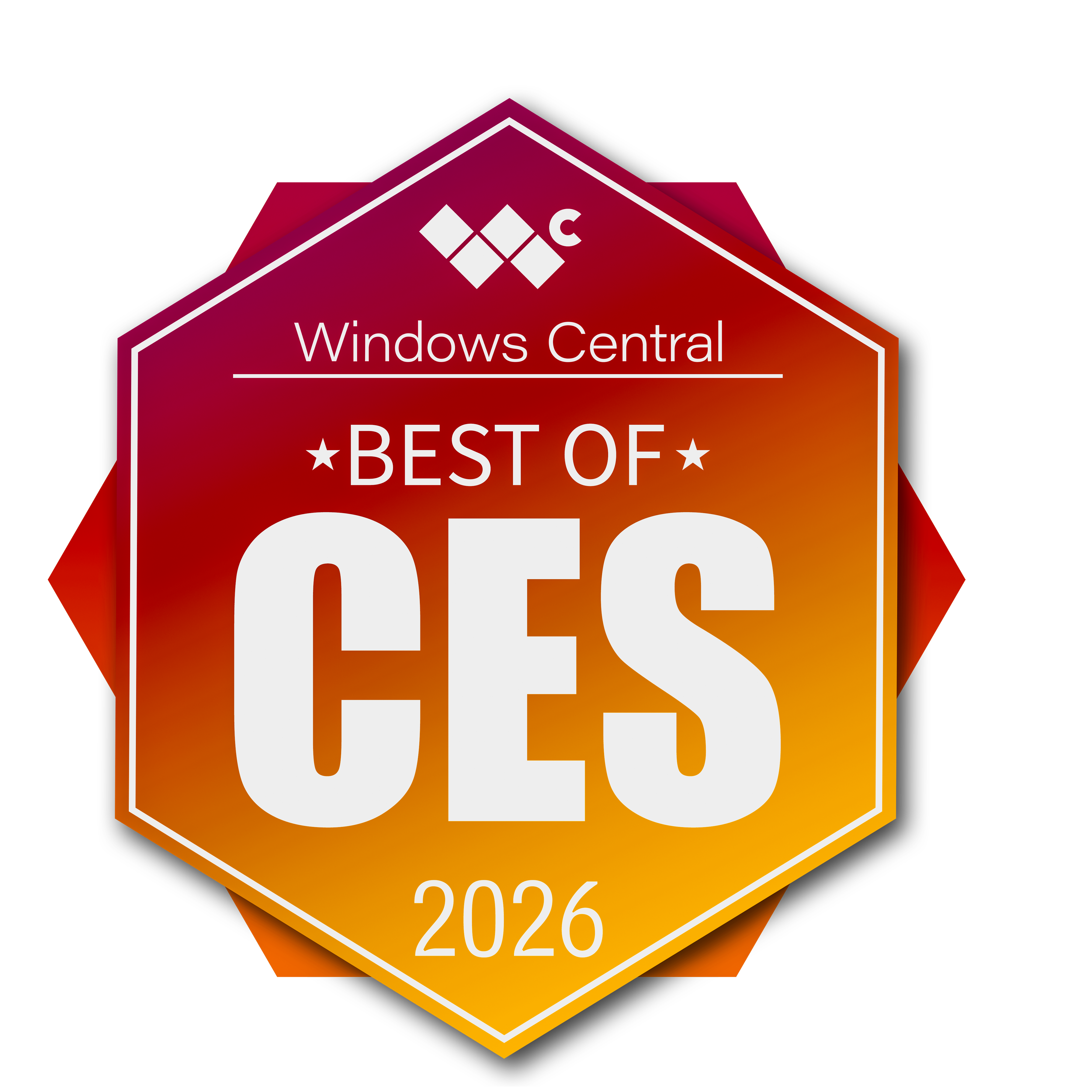 A yellow, orange, and red hexagon-shaped badge that says "Windows Central Best of CES 2026."