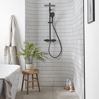 White bathroom with small bamboo tiles