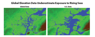 Identical sections of northern New Jersey at 6 feet of flood waters illustrate the differences between the global data (left) and the more granular and precise U.S. data (right).