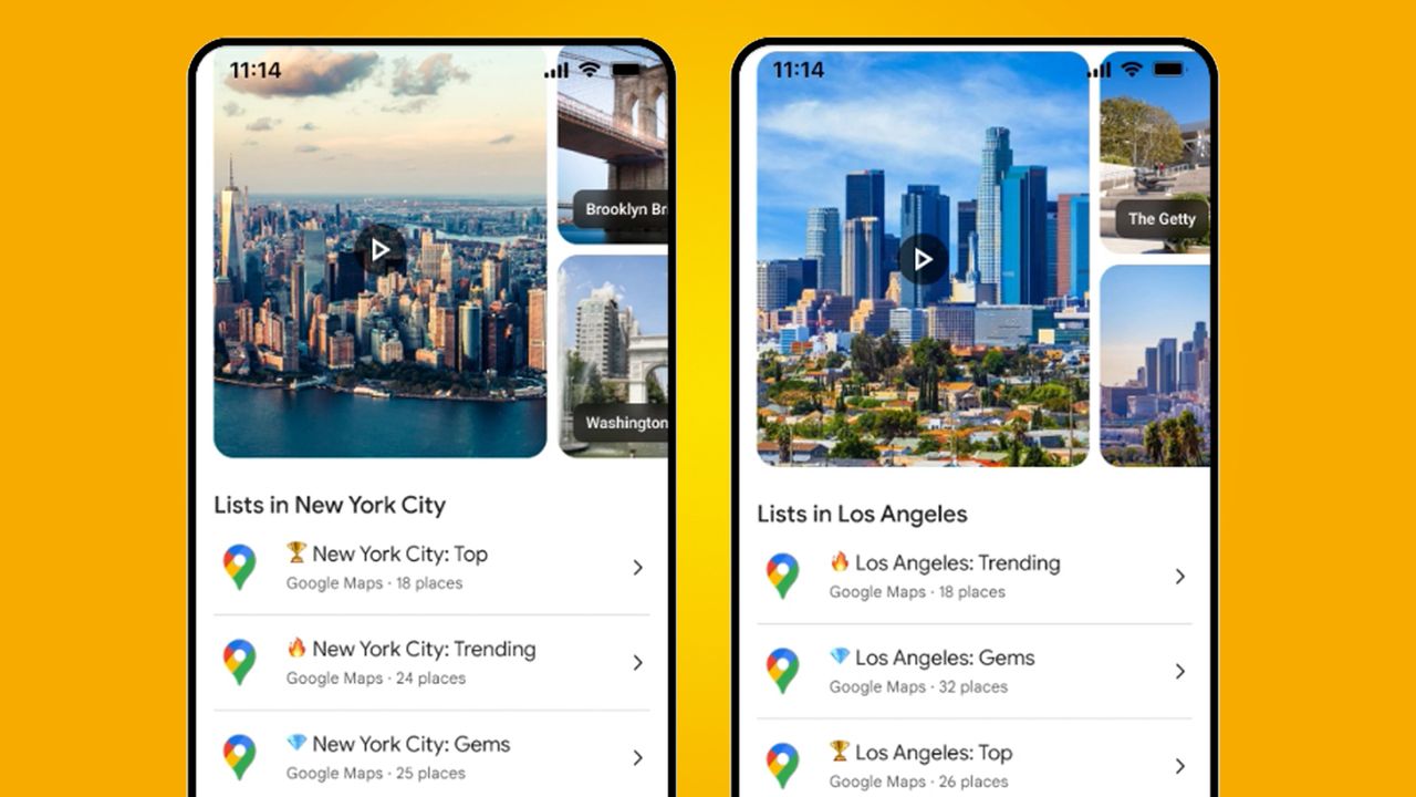 Two phones on an orange background showing the Google Maps app