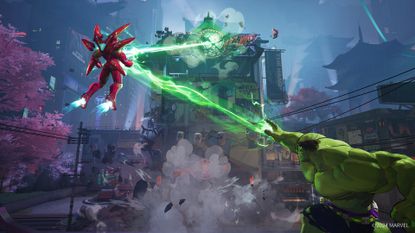 Hulk and Iron Man use a combo attack in this posed Marvel Rivals image