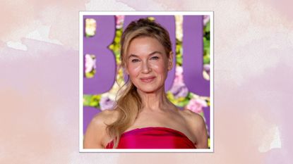 Image of Renée Zellweger smiling with curled blonde hair in a ponytail and wearing a fuchsia pink strapless dress, on a pink watercolour background