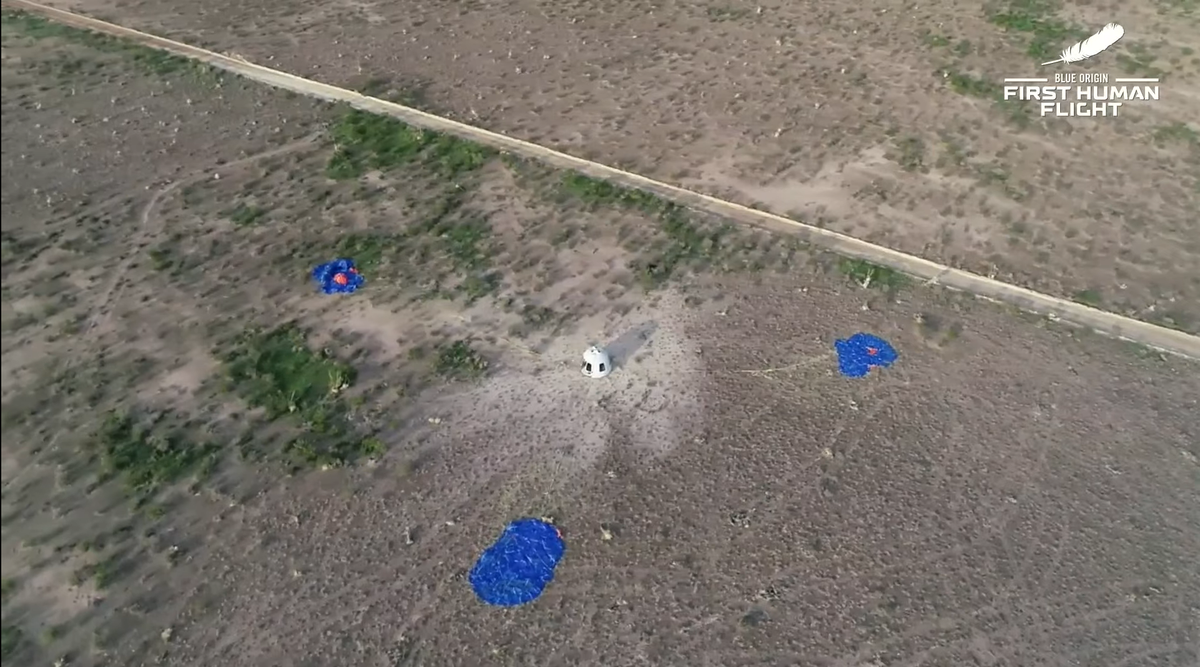 The New Shepard capsule after landing on July 20, 2021.