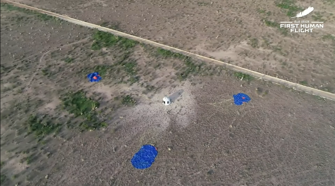The New Shepard capsule after landing on July 20, 2021.