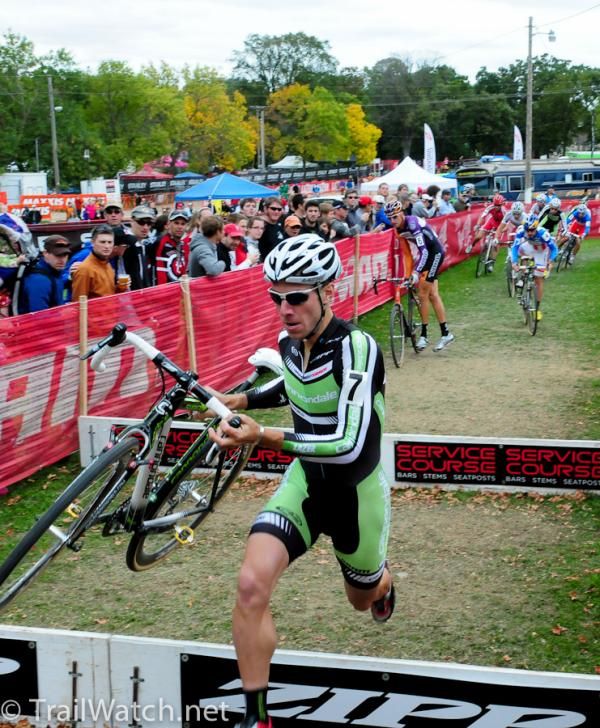 Jeremy Powers (Cannondale/ Cyclocrossworld.com) flying over the barriers