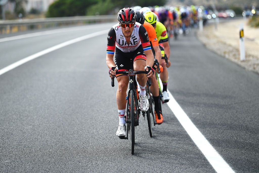 ALTO DE LAS ANTENAS DEL MAIGMO TIBI ALICANTE SPAIN FEBRUARY 04 Matteo Trentin of Italy and UAE Team Emirates competes during the 73rd Volta A La Comunitat Valenciana 2022 Stage 3 a 1551km stage from Alicante to Alto De Las Antenas Del Maigmo Tibi 1080m VCV2022 on February 04 2022 in Alicante Spain Photo by Dario BelingheriGetty Images