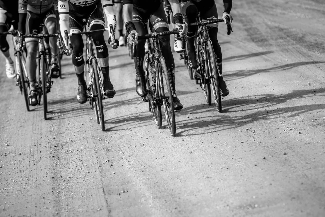 Riders make their way through the gravel during stage 3 at the Tour of Alberta