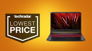 Acer Nitro 5 gaming laptop on orange background with 'lowest price' text