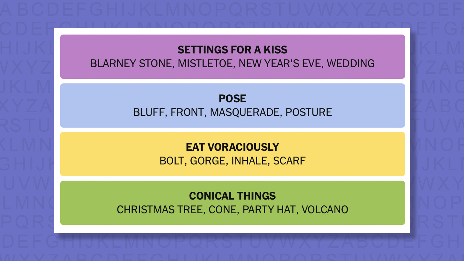 NYT Connections answers for game 988 on a purple background