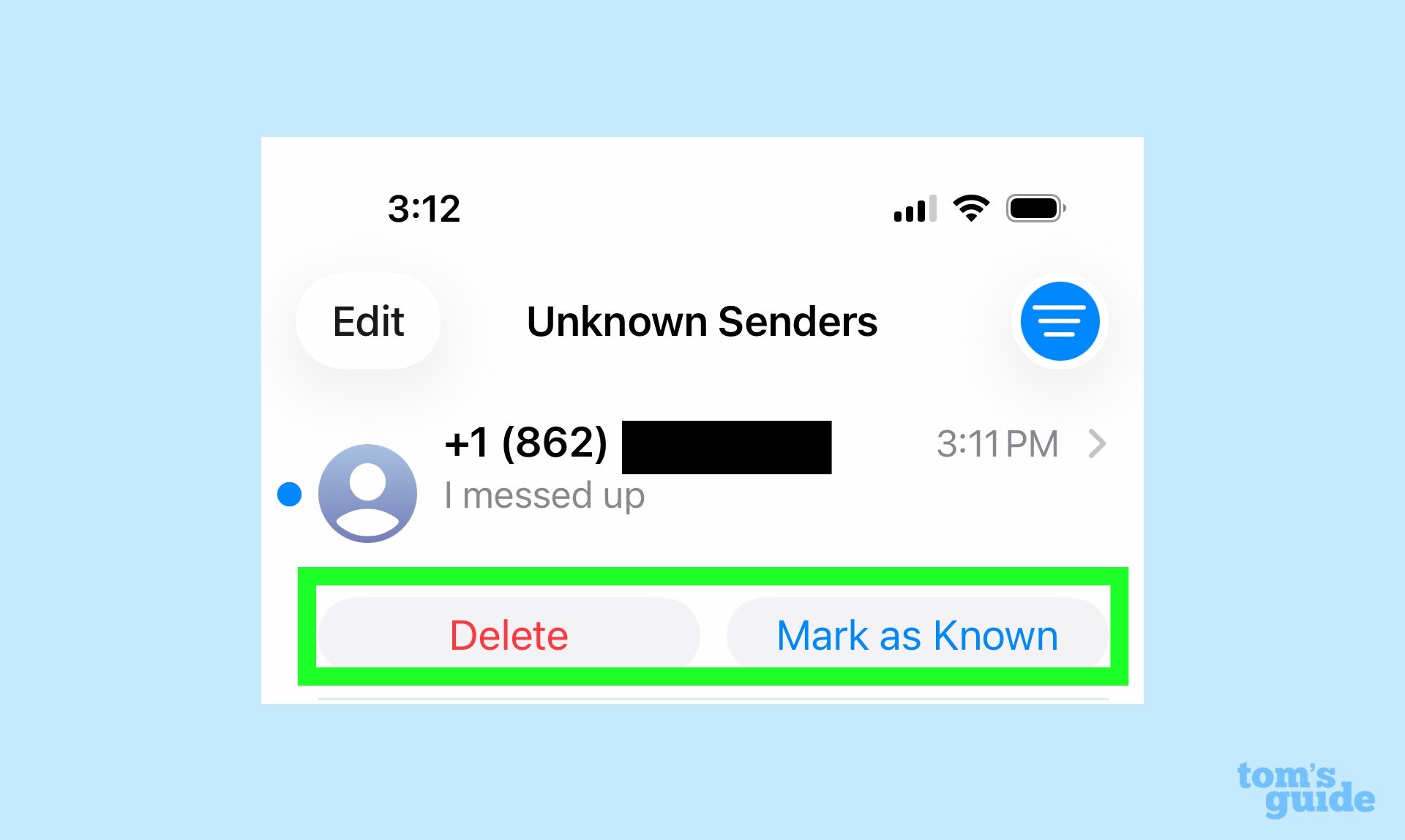 Screened message with delete and mark as known options