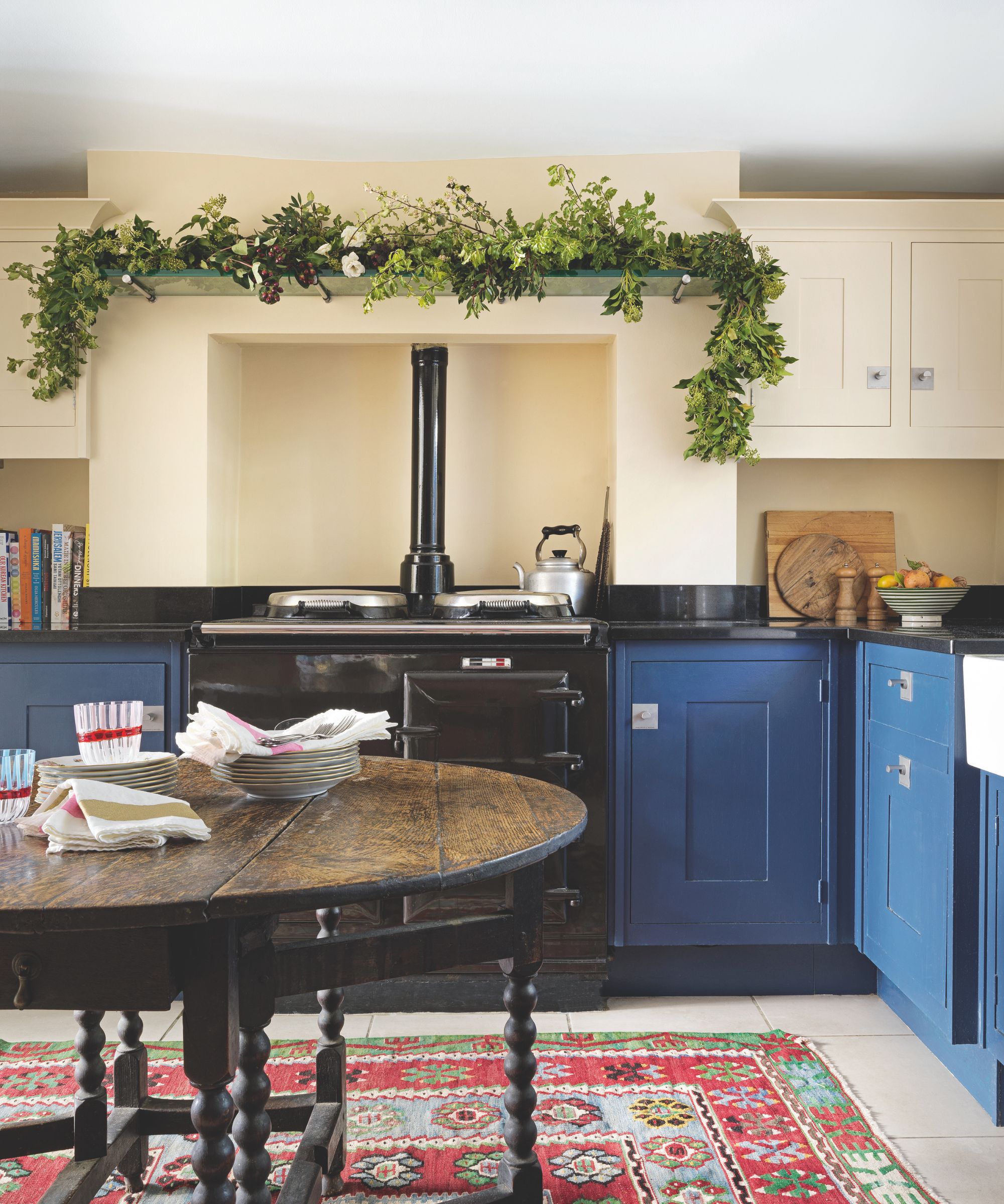 Wooden table in a blue kitchen