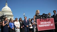 Jeffrey Epstein victim Anouska De Georgiou speaks at rally with other survivors to press for full files release.