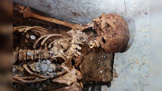 The remains of Marcus Venerius Secundio were preserved in a sealed chamber in a Pompeii cemetery. Though the body is nearly 2,000 years old, close-cropped hair and an ear are still visible on the skull.