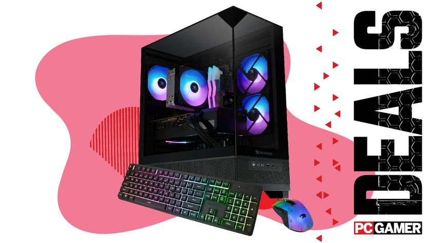 An iBuyPower Element SE gaming PC with a keyboard and mouse on a custom pink and white deals background.