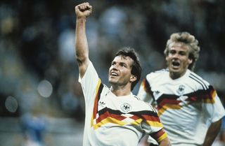 The 10 best German players ever 1990 FIFA World Cup in Italy Lothar Matthaeus * 21.03.1961 Football player, Germany, member of the national team - Lothar Matthaeus (left) celebrating after scoring a goal in the first round match against Yugoslavia (4 - 1)| right: Juergen Klinsmann - (Photo by Bernd Wende/ullstein bild via Getty Images)