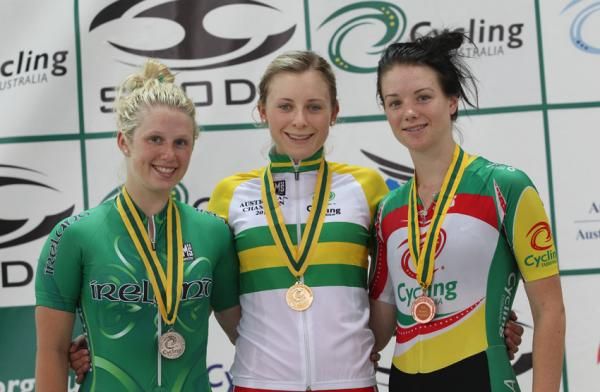 The podium for the women's scratch race: Shannon McCurley (silver), Annette Edmondson (gold) and Amy Cure (bronze).