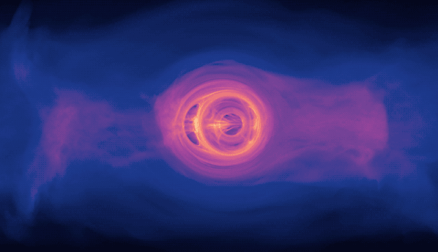 Esta simulación por computadora muestra agujeros negros supermasivos a solo 40 órbitas de la fusión. 