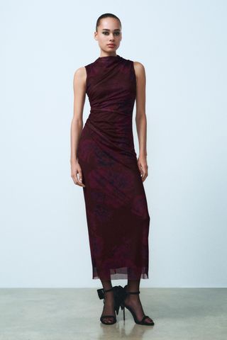 Printed Draped Tulle Dress