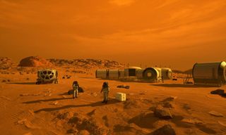 illustration of spacesuited astronauts, a rover and a habitat on the surface of mars