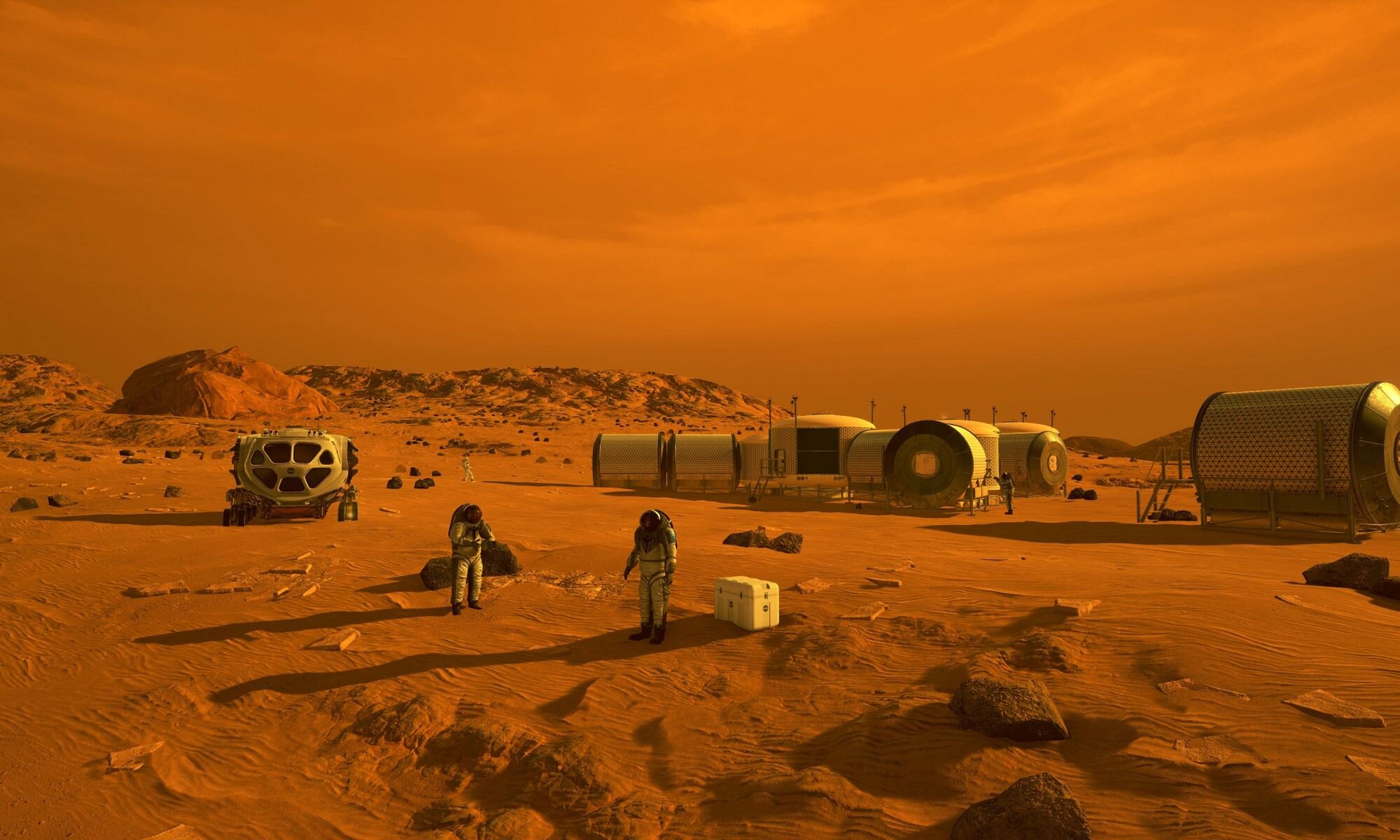 ilustración de astronautas en trajes espaciales, rover y hábitat de superficie marciana