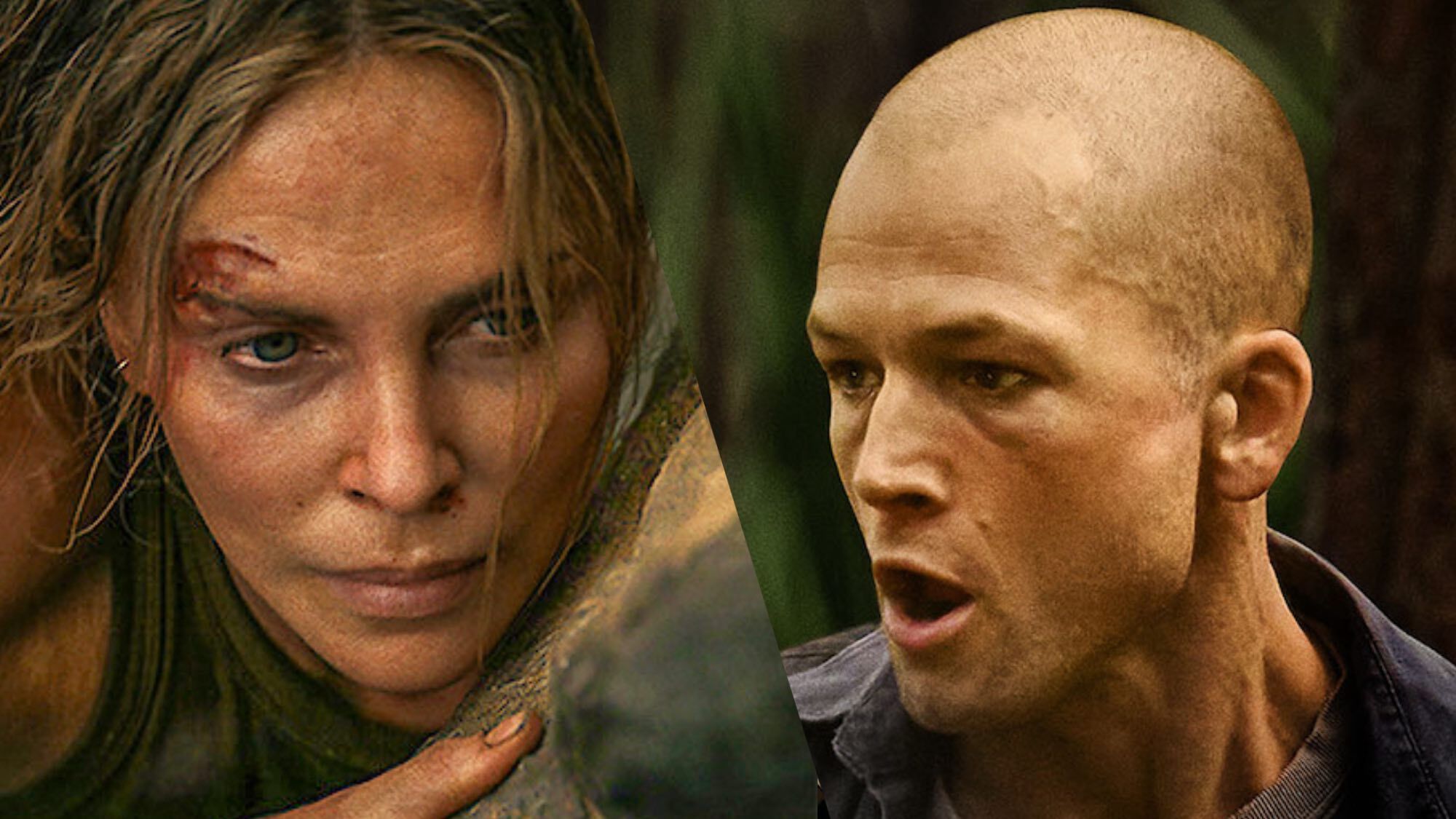 (L-R) Charlize Theron as Sasha and Taron Egerton as the hunter in "Apex" on Netflix