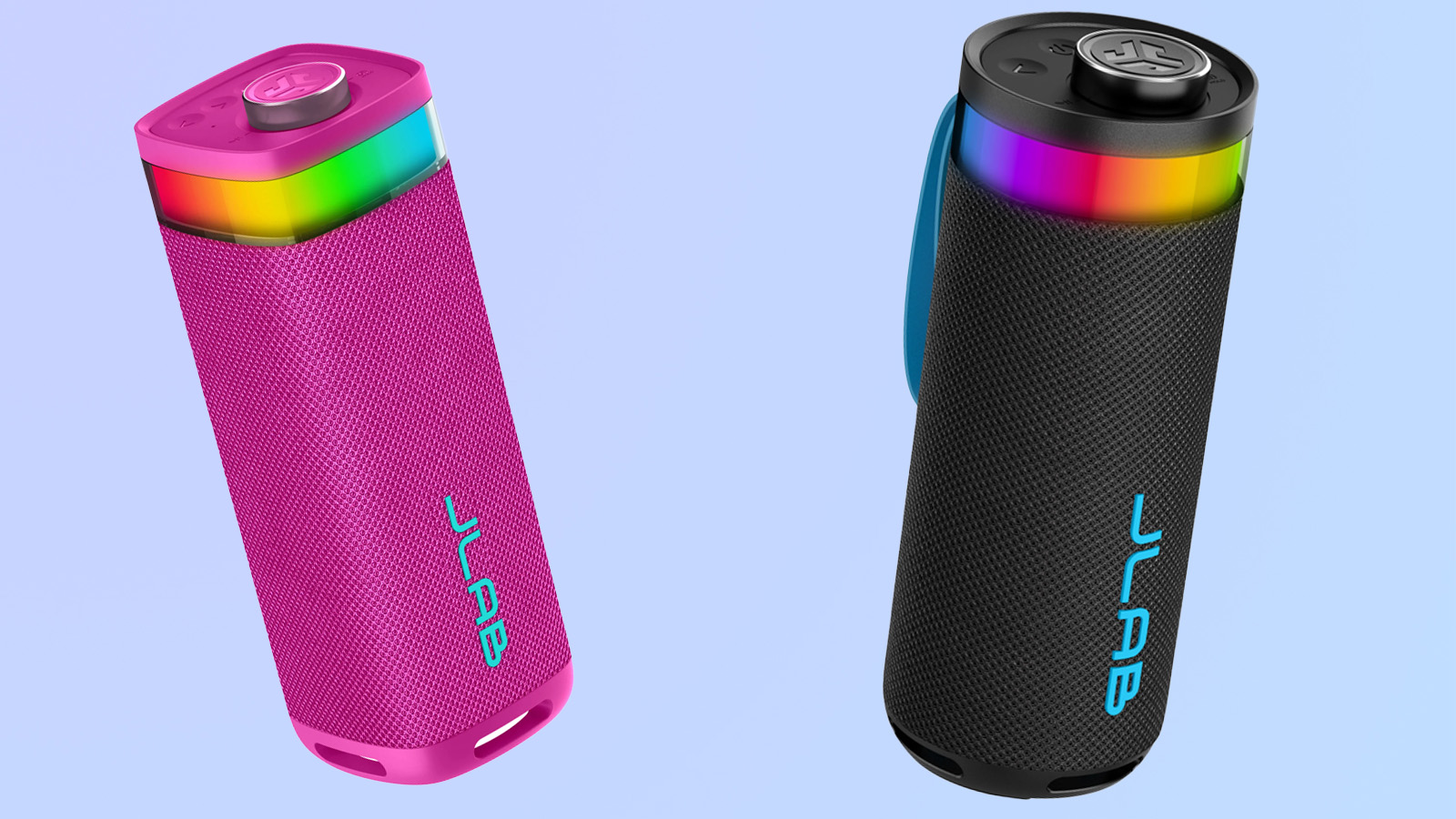 the jlab go party and jbuds part bluetooth speaker son a blue background