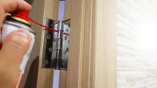 Spray lubricant being applied to a door hinge