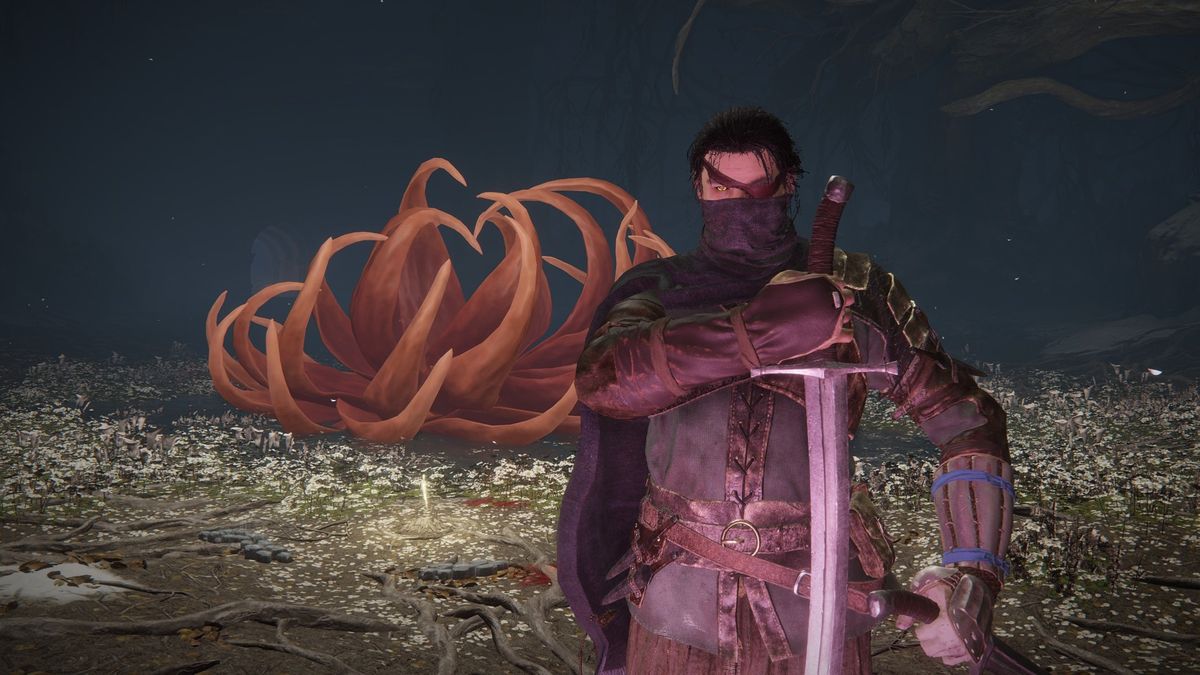 Elden Ring ninja guy posing in front of Malenia&#039;s Scarlet Rot bud