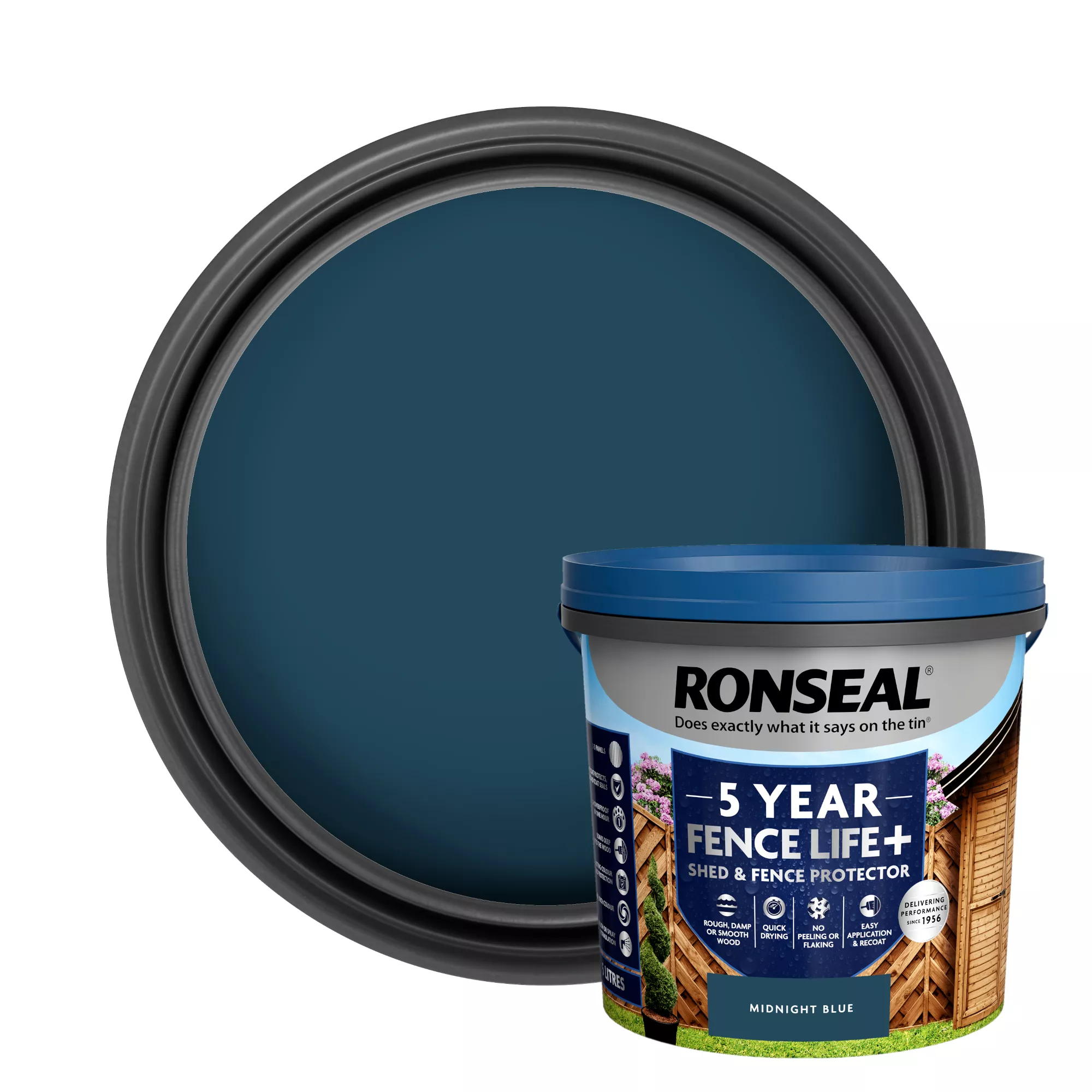 Ronseal 5 Year Fence Life+ Midnight Blue Matt Exterior Shed &amp;amp; Fence Protector Wood Paint, 5l Tub