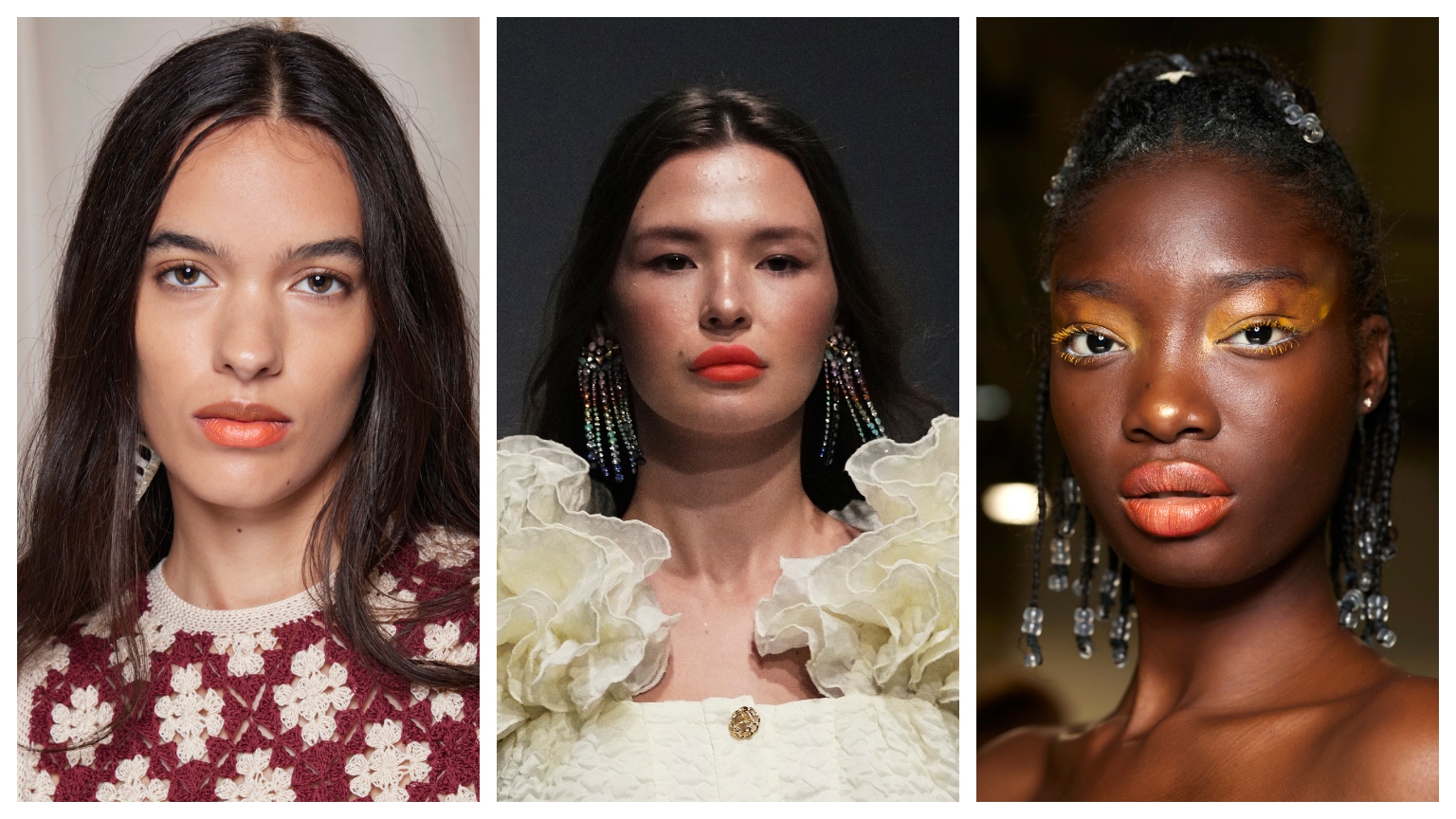 three models wearing orange lipstick