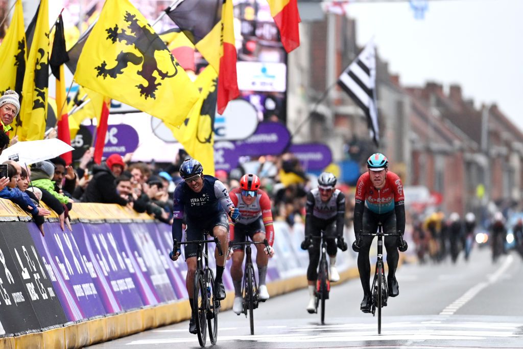 WEVELGEM BELGIUM MARCH 26 Sep Vanmarcke of Belgium and Team Israel Premier Tech reacts crossing the finish line on third place during the 85th GentWevelgem in Flanders Fields 2023 Mens Elite a 2609km one day race from Ypres to Wevelgem UCIWT on March 26 2023 in Wevelgem Belgium Photo by Tim de WaeleGetty Images
