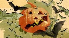 An illustration featuring flying bats, money, and a jack-o-lantern with a mouth shaped like an arrow angled upward