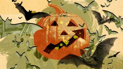 An illustration featuring flying bats, money, and a jack-o-lantern with a mouth shaped like an arrow angled upward