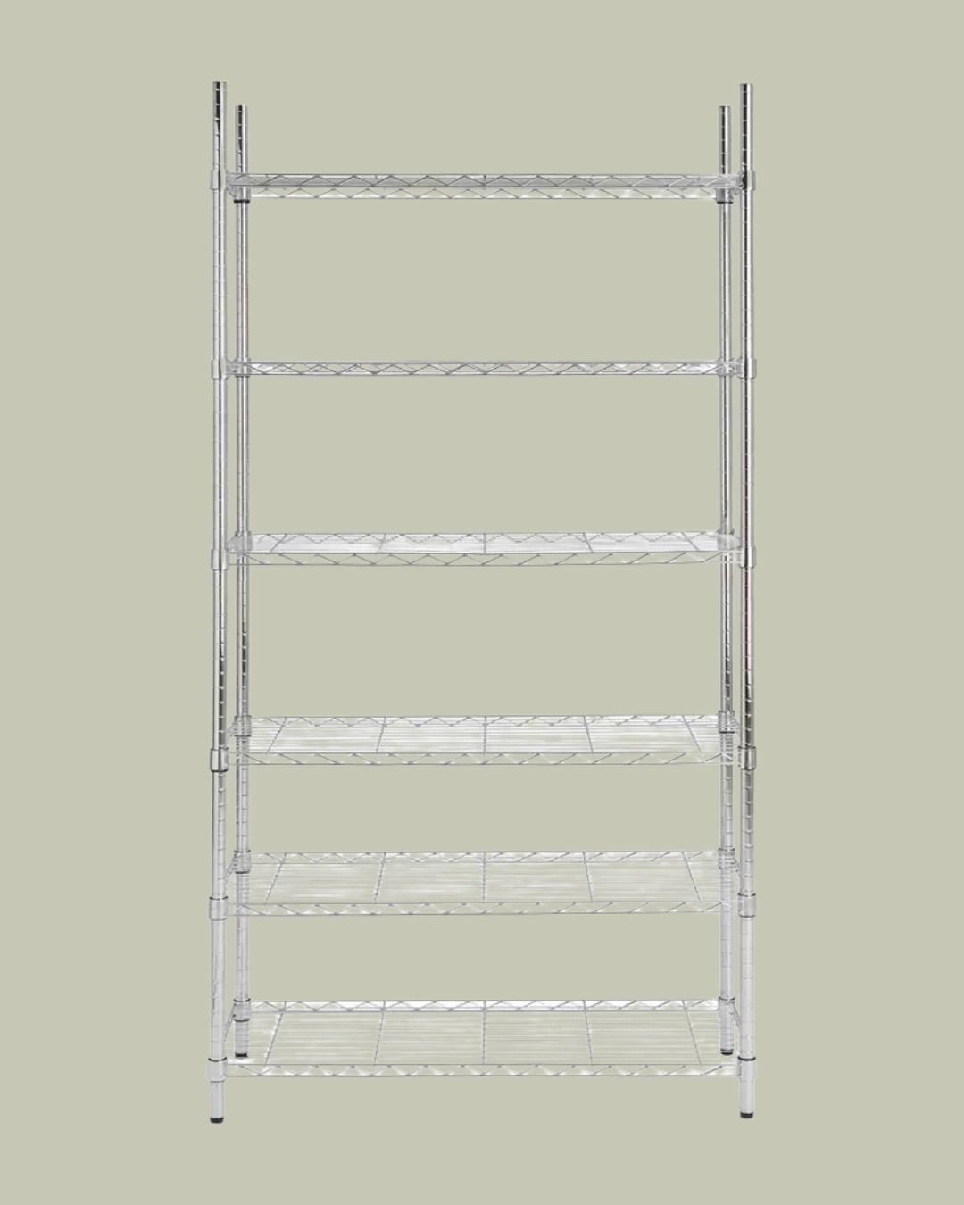 Metal 6 Tier Shelving Unit in Chrome against pale green background.