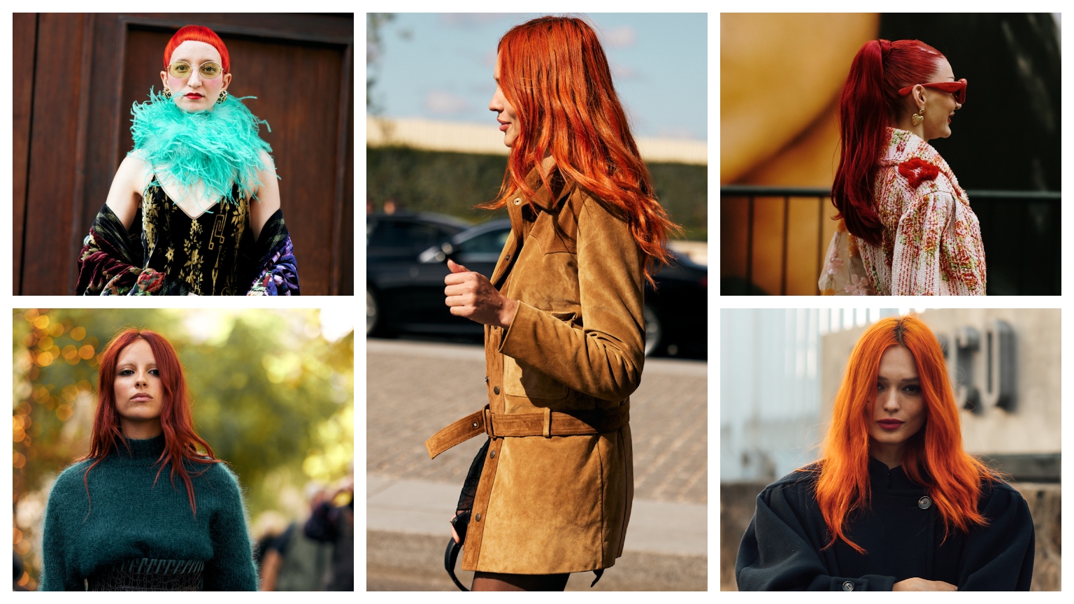 a collage of five women with bright red hair