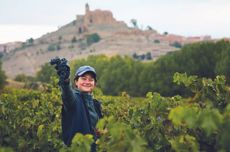 Jade Gross among vines, the castle of San Vicente de la Sonsierra visible in the background