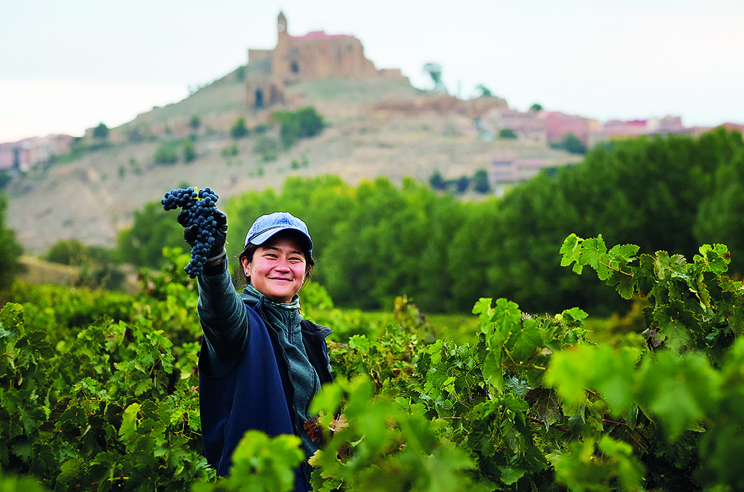 Jade Gross among vines, the castle of San Vicente de la Sonsierra visible in the background
