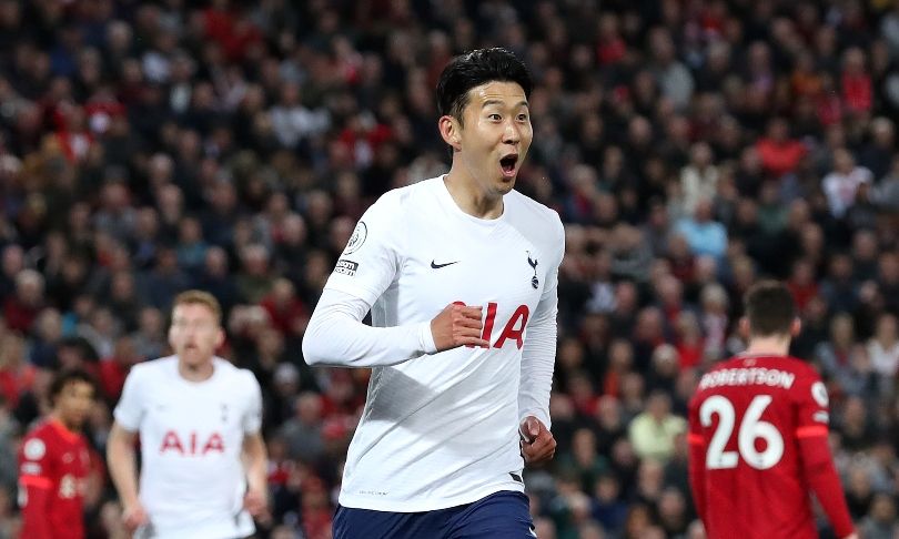 Son Heung-min celebrates his goal against Liverpool at Anfield.