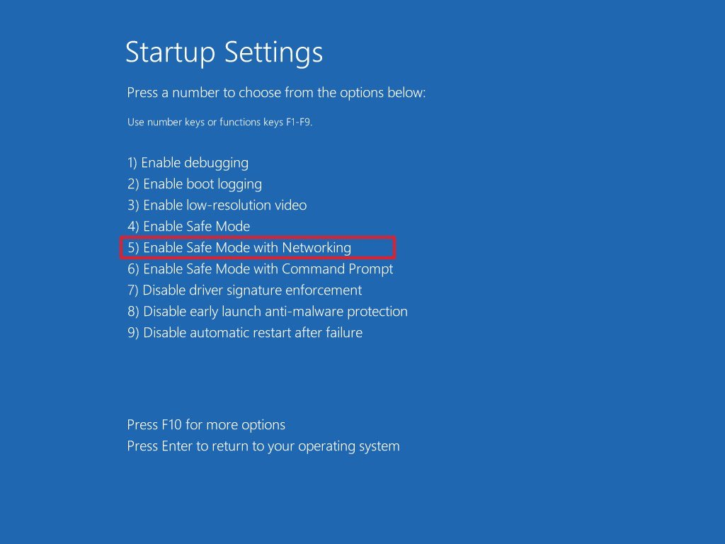 Startup Settings safe mode option